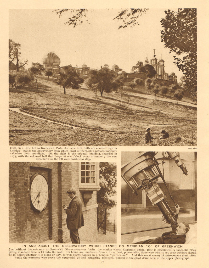 The Greenwich observatory. Prime Meridian. Telescope 1926 old vintage print